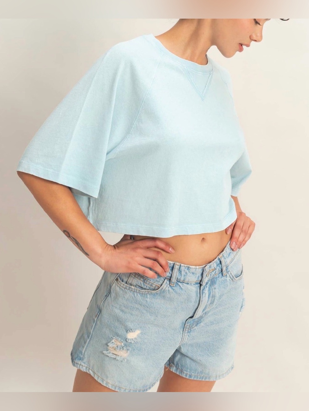 Mineral Washed Cropped Boxy Tee | Light Blue